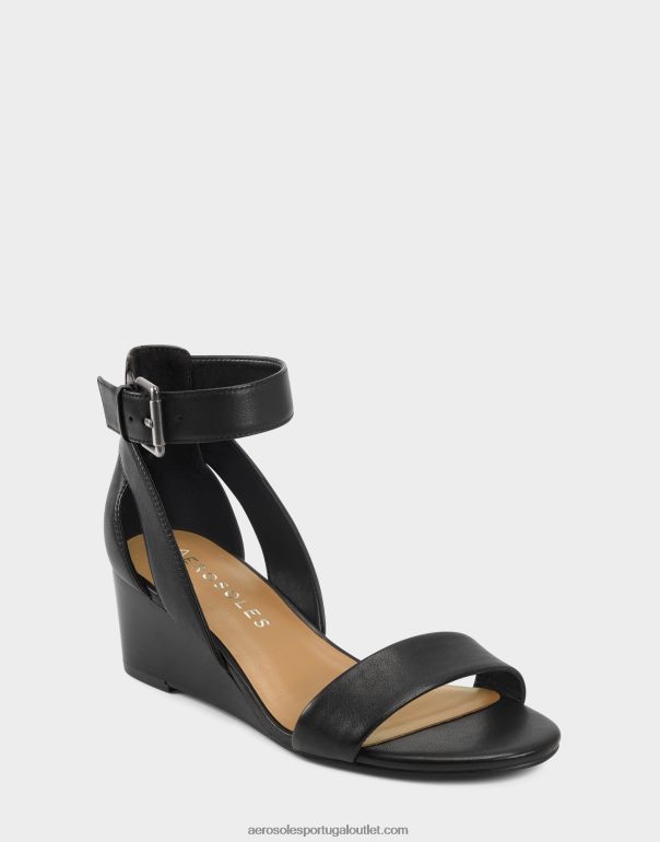 mulheres sandália cunha couro preto Aerosoles 0LRLL334
