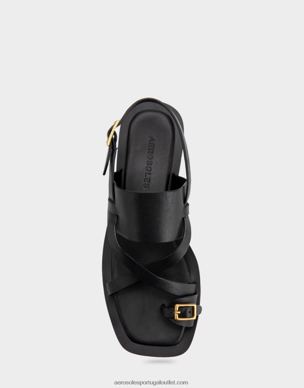 mulheres sandália rasa couro preto Aerosoles 0LRLL413